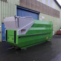 Absetzpresscontainer der Marke Pöttinger, 10 m³, grün, mit Trichteraufbau für Rampenbeschickung – kompakte Lösung zur industriellen Abfallverdichtung.