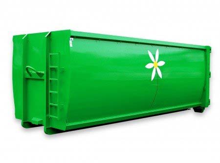 Abrollcontainer mit 36 m³ Volumen, offen und spantenfrei, Ausführung aus der Serie EKO1 in Grün mit dezentem Werbeaufdruck